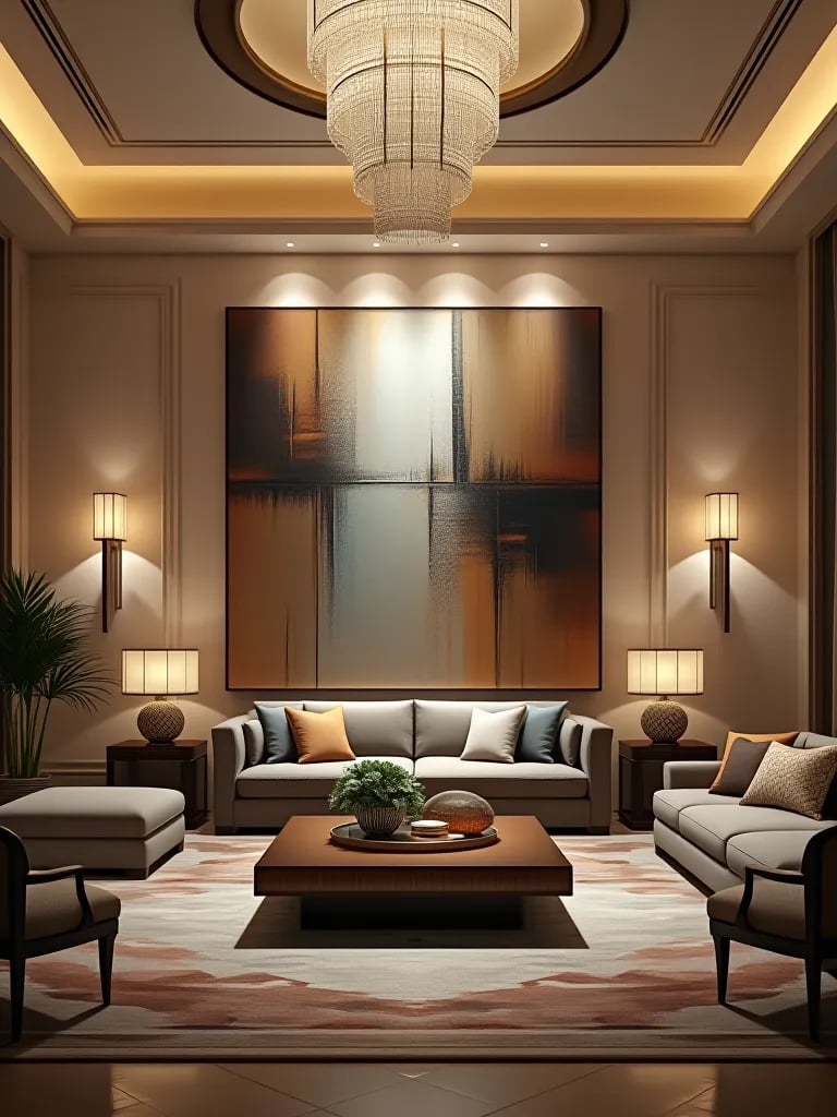 Luxurious living room with large abstract painting and crystal chandeliers