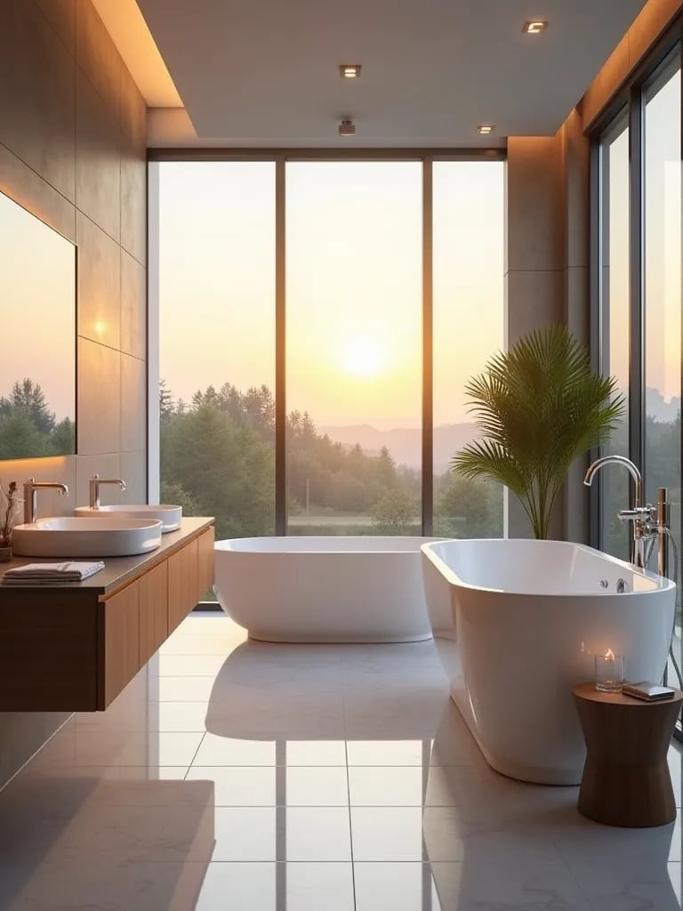 Luxurious modern bathroom with golden hour lighting and minimalist features