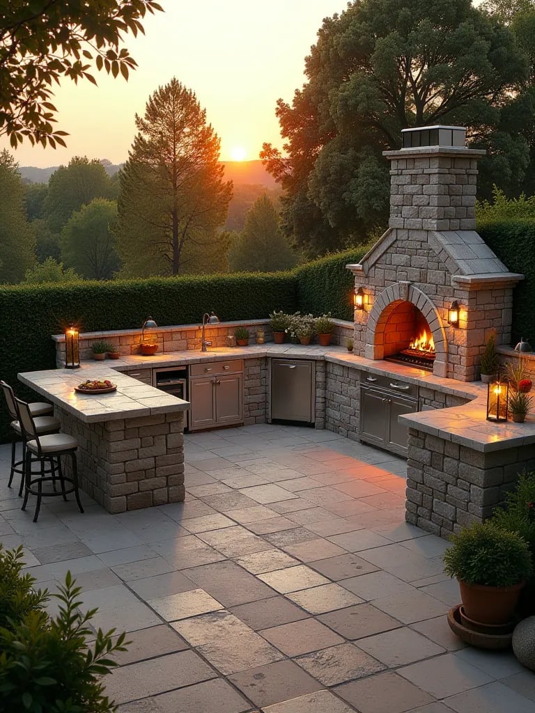 Luxurious stone patio with outdoor kitchen and pizza oven overlooking garden