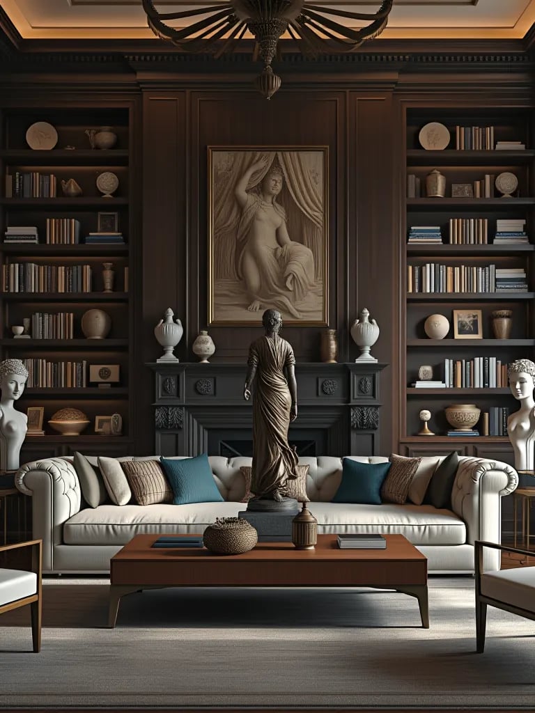 Luxury living room with floor to ceiling bookshelves and curated art objects