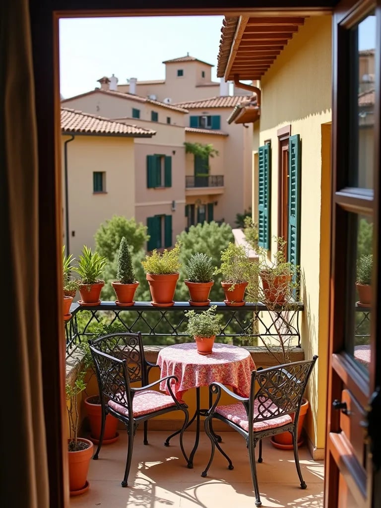 Mediterranean balcony with terracotta pots and wrought iron furniture