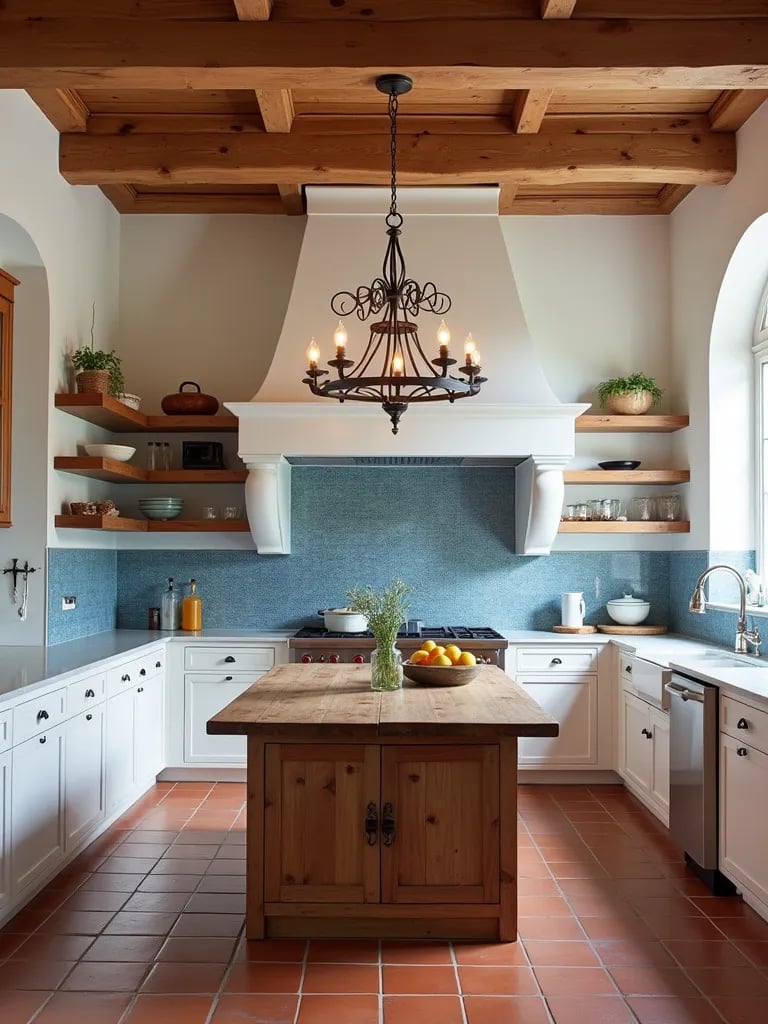 Mediterranean kitchen with wrought iron chandelier and wooden table