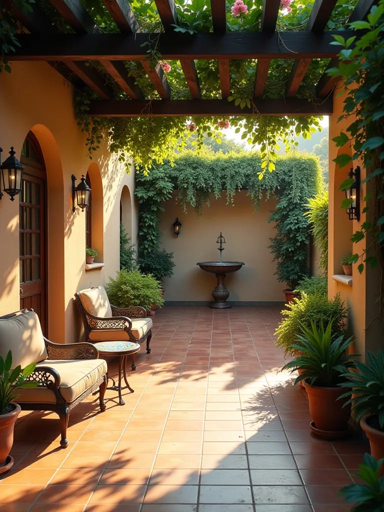 Mediterranean style patio with pergola, mosaic fountain, and terracotta tiles
