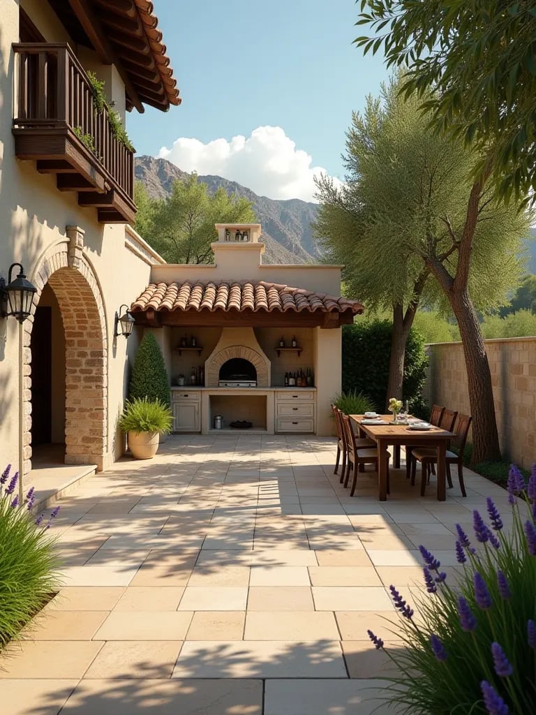Mediterranean travertine patio with outdoor kitchen, pizza oven, and olive trees in warm light