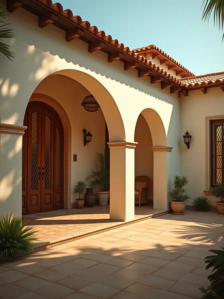Mediterranean villa with creamy off white porch and arched entryways