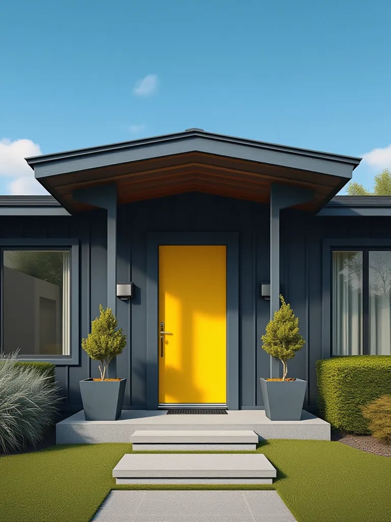 Mid century home with charcoal gray porch and yellow door