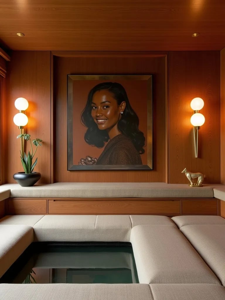 Mid century living room with brass wall sconces illuminating a sunken conversation pit