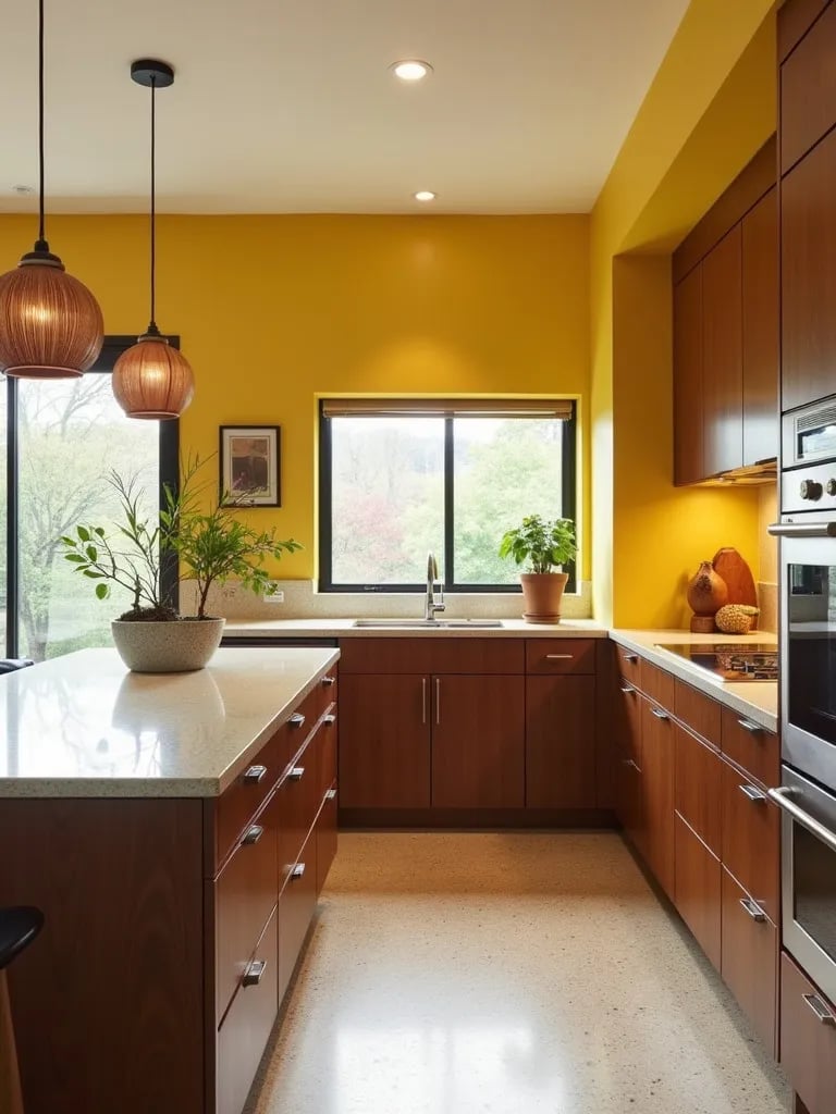 Mid century modern kitchen with walnut cabinets and yellow accent wall