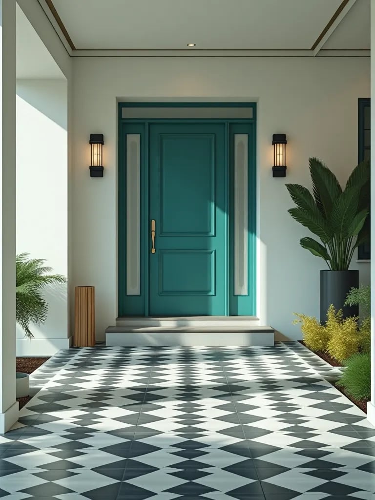 Mid century porch with geometric floor pattern and teal door