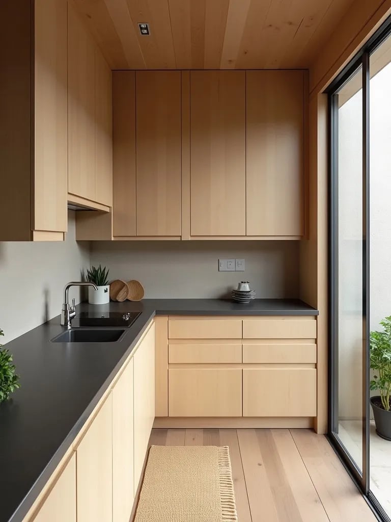 Minimalist Japanese inspired kitchen with maple cabinets and shoji screens