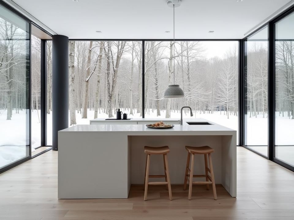 Minimalist Scandinavian kitchen island with snowy forest view
