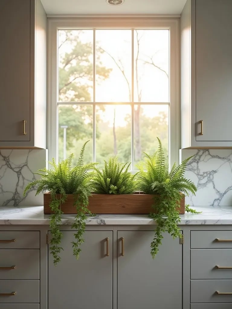 Minimalist Scandinavian kitchen with built in planter box filled with ferns