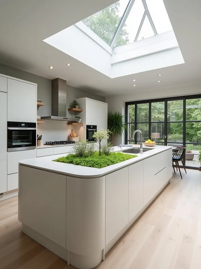 Minimalist Scandinavian kitchen with central island featuring herb garden
