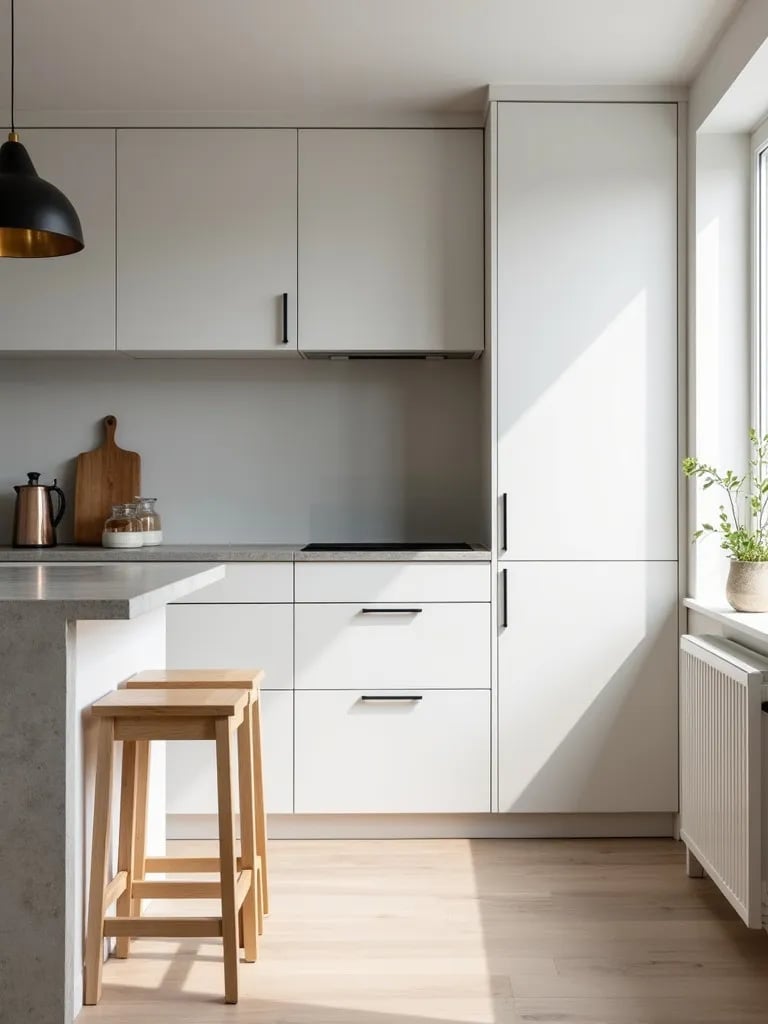Minimalist Scandinavian kitchen with handleless cabinets and concrete countertop