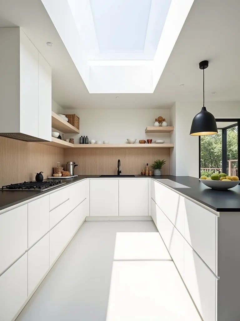 Minimalist Scandinavian kitchen with handleless cabinets and skylight
