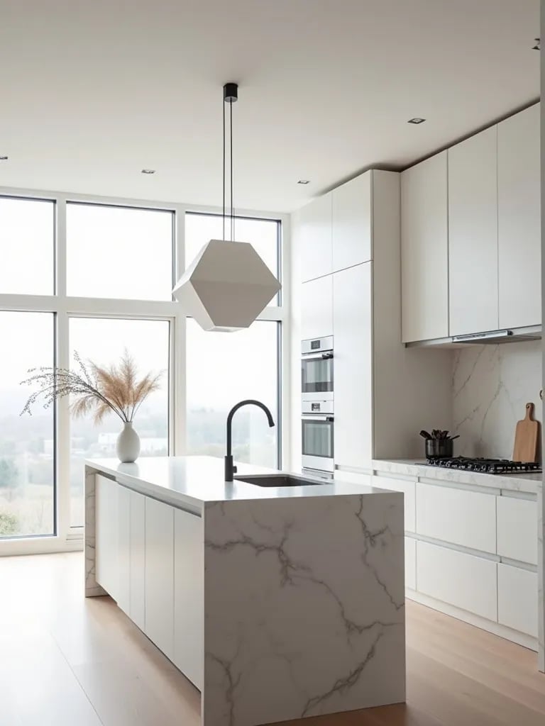 Minimalist Scandinavian kitchen with large geometric pendant light over marble island