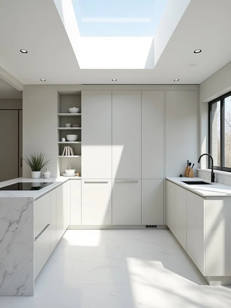 Minimalist Scandinavian kitchen with pale gray cabinets and skylight