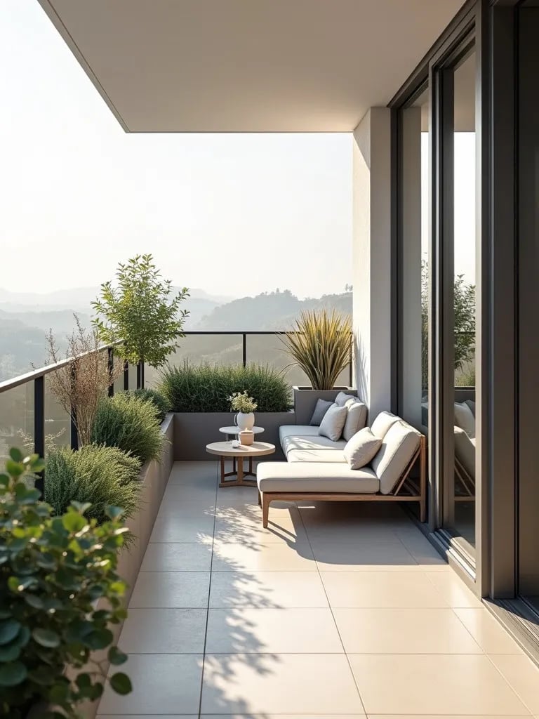 Minimalist balcony with sleek furniture and modern planters in morning light