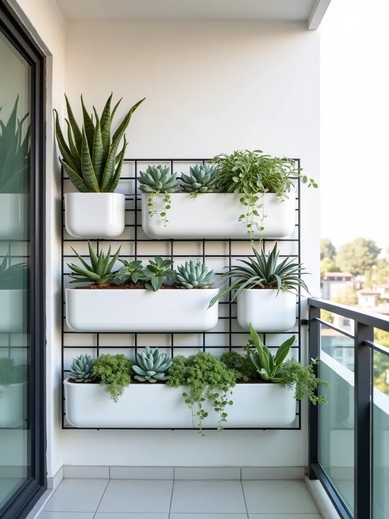 Minimalist balcony with vertical metal grid holding succulent planters