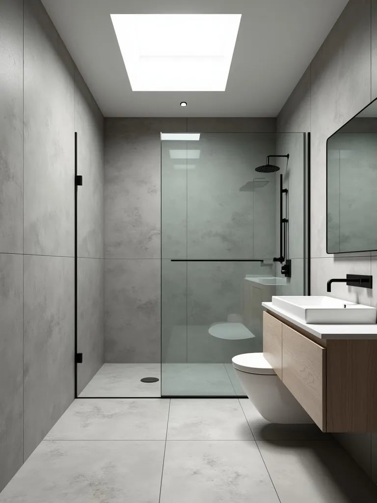 Minimalist bathroom with concrete look tiles and walk in shower