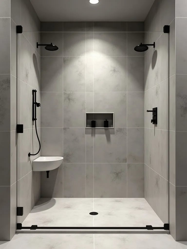 Minimalist bathroom with curbless shower and matte black fixtures