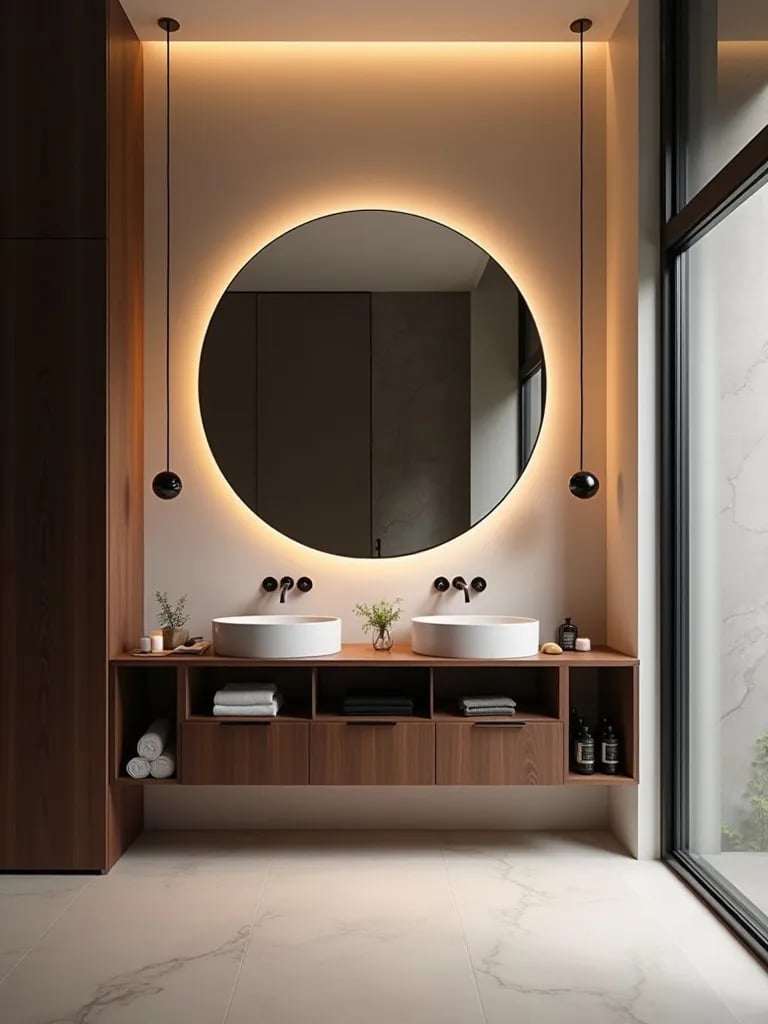 Minimalist bathroom with floating dark wood double vanity and circular mirror