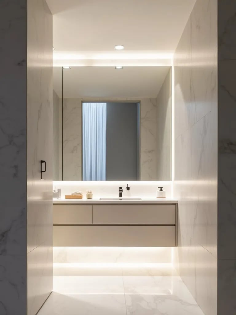Minimalist bathroom with floating vanity and backlit mirror