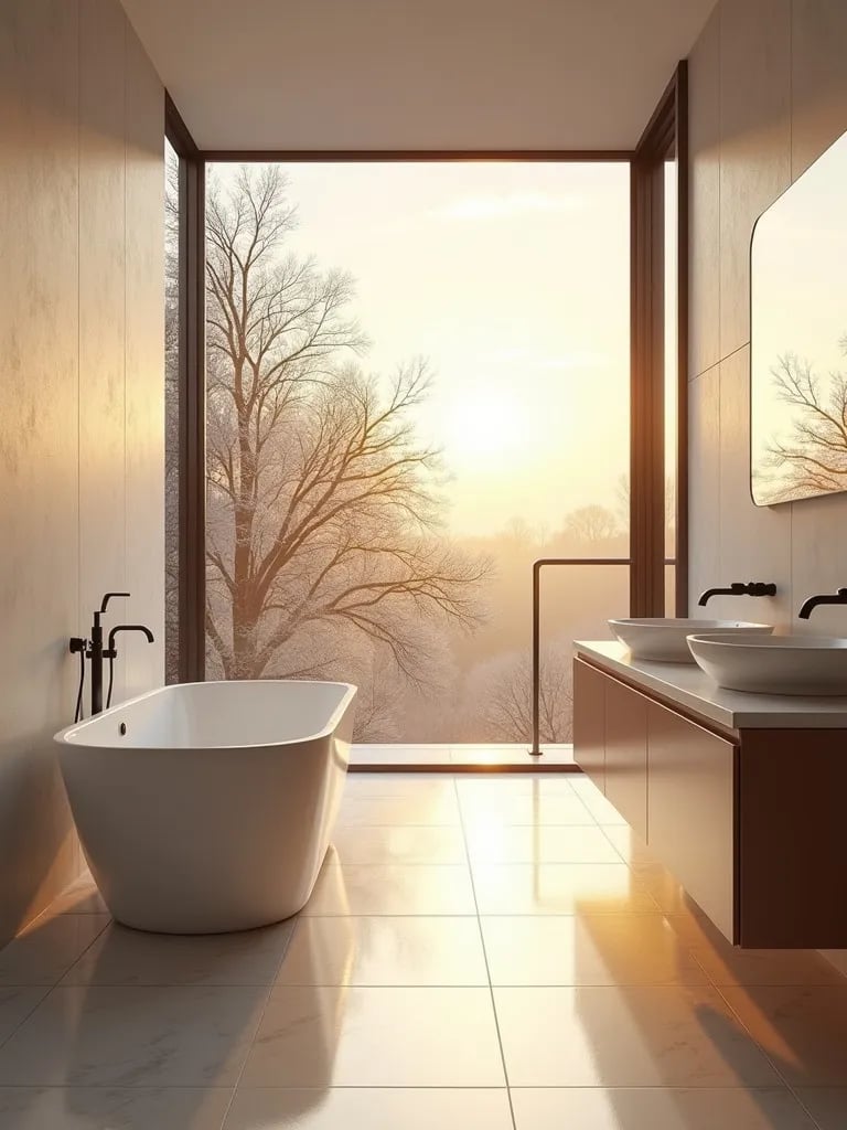 Minimalist bathroom with freestanding tub and large windows at sunset