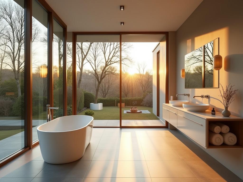 Minimalist bathroom with freestanding tub and large windows overlooking garden