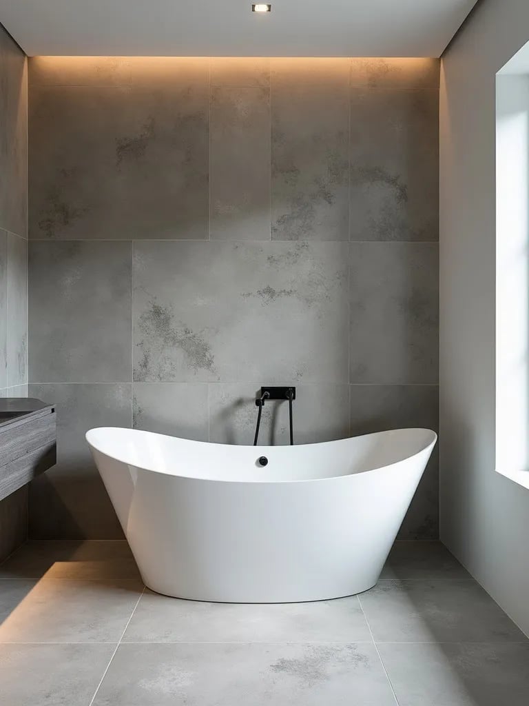 Minimalist bathroom with large gray tiles and freestanding tub