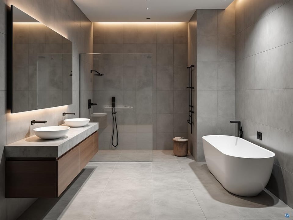 Minimalist bathroom with large grey tiles and freestanding tub