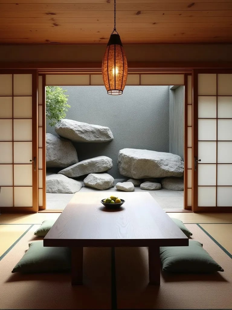 Minimalist dining area with low table and view of rock garden