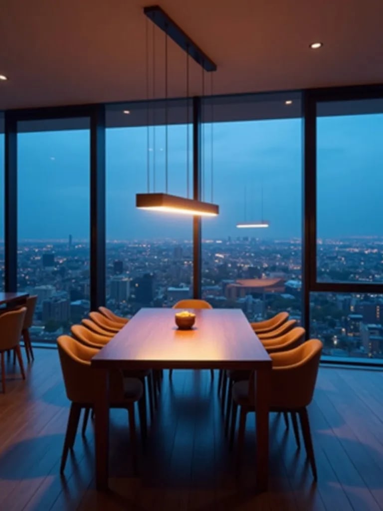 Minimalist dining room with LED light fixture and city view