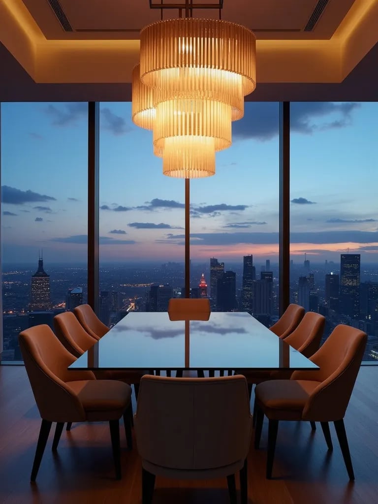 Minimalist dining room with glass table and city view
