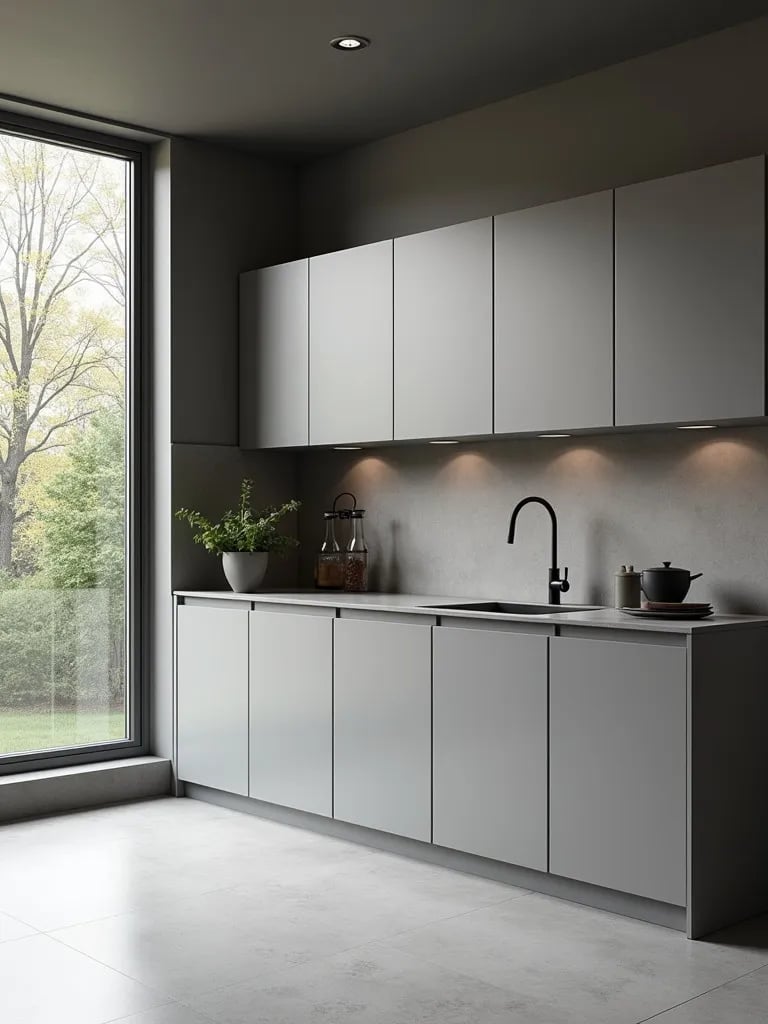 Minimalist gray kitchen with handleless cabinets and large window