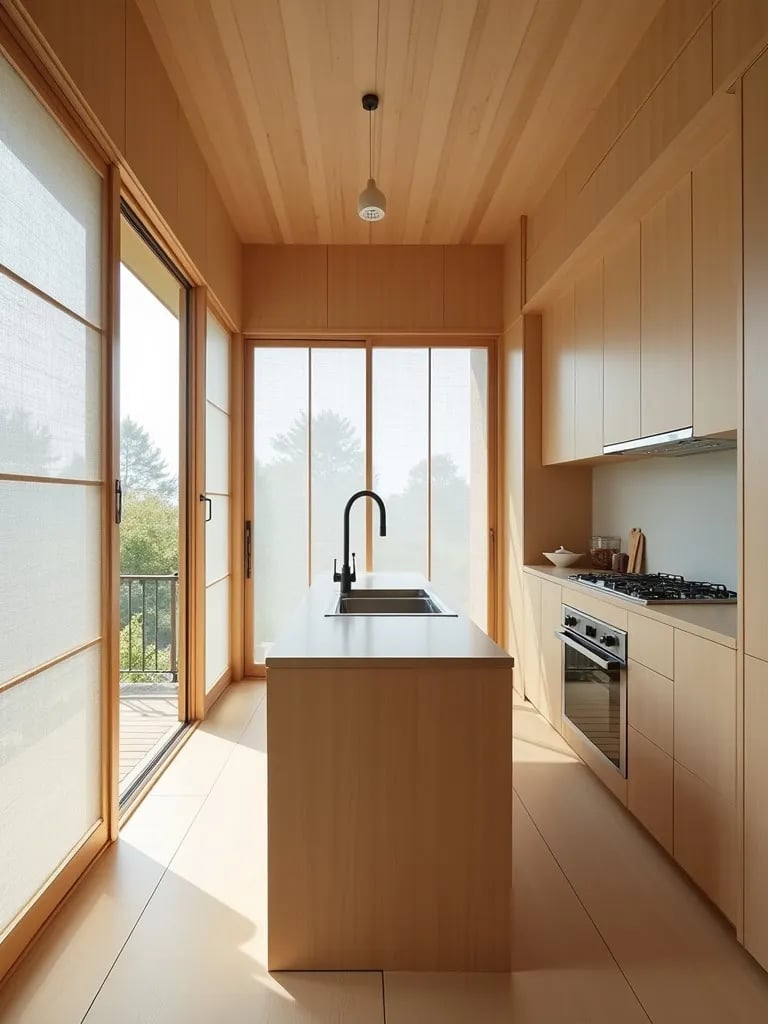 Minimalist kitchen with Japanese elements and central island for tea preparation