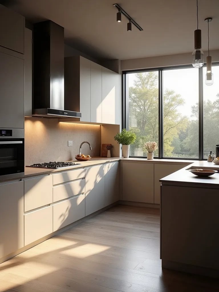 Minimalist kitchen with concealed technology and smart features