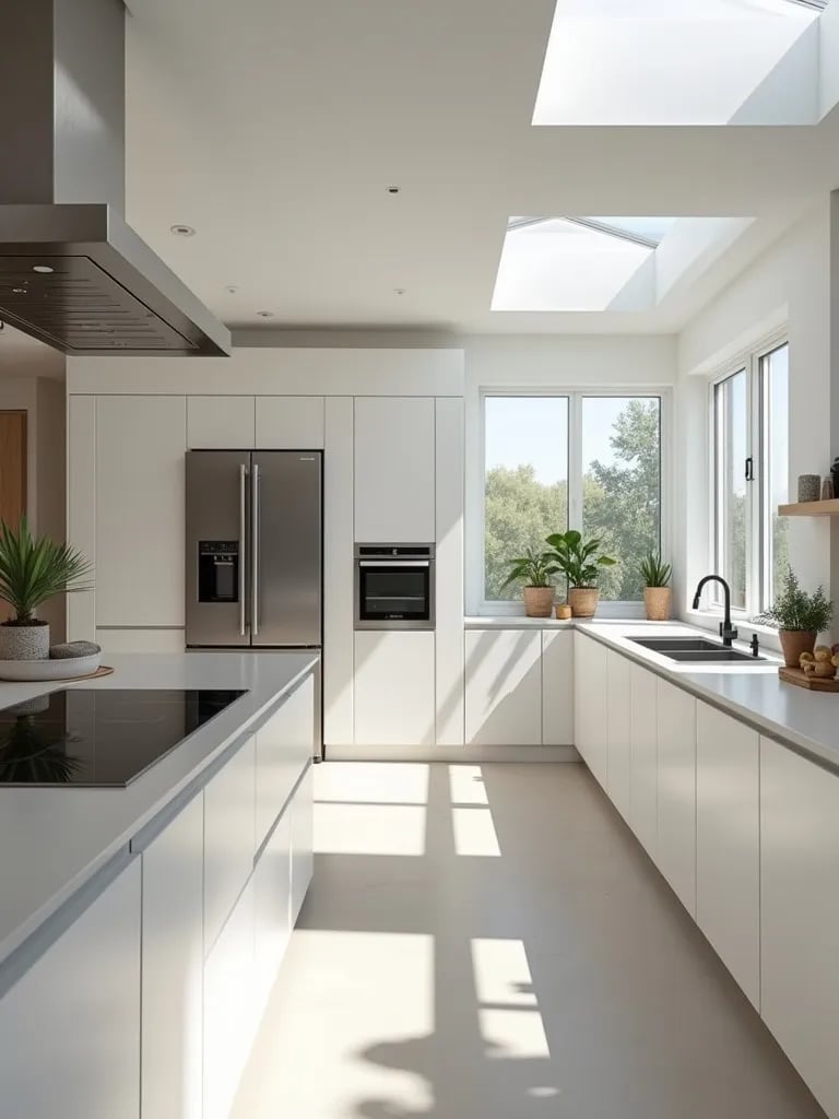 Minimalist kitchen with handleless cabinets and large central island