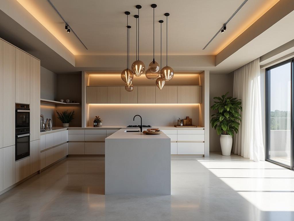 Minimalist kitchen with island illuminated by pendant lights