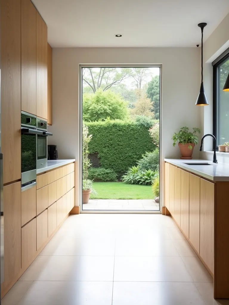Minimalist kitchen with light oak cabinets and white countertops