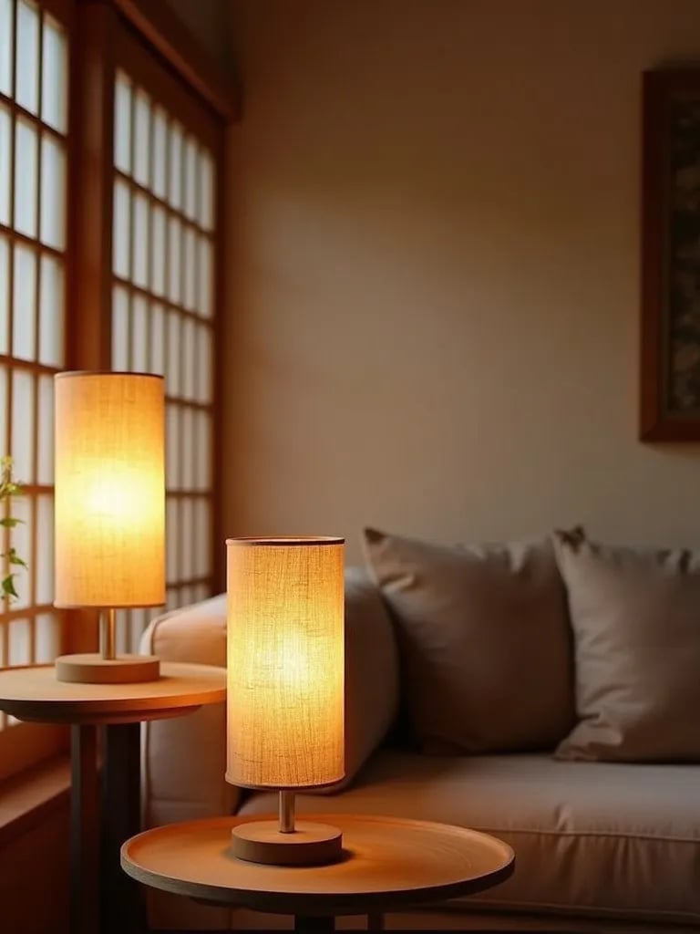 Minimalist living room featuring warm glowing bamboo lamps and low sofa