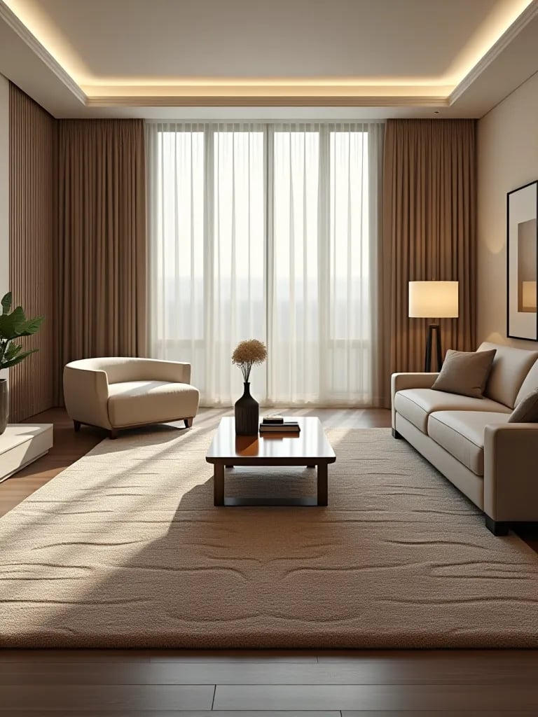 Minimalist living room with large neutral wool rug and sleek furniture