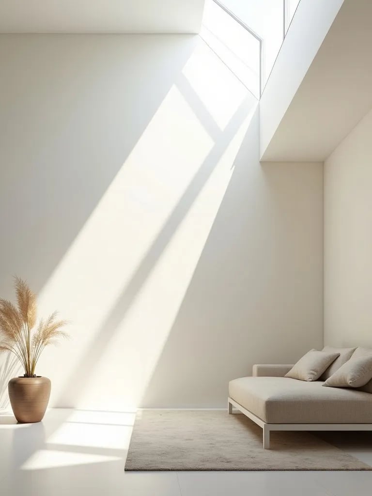 Minimalist living room with large skylight casting dramatic shadows