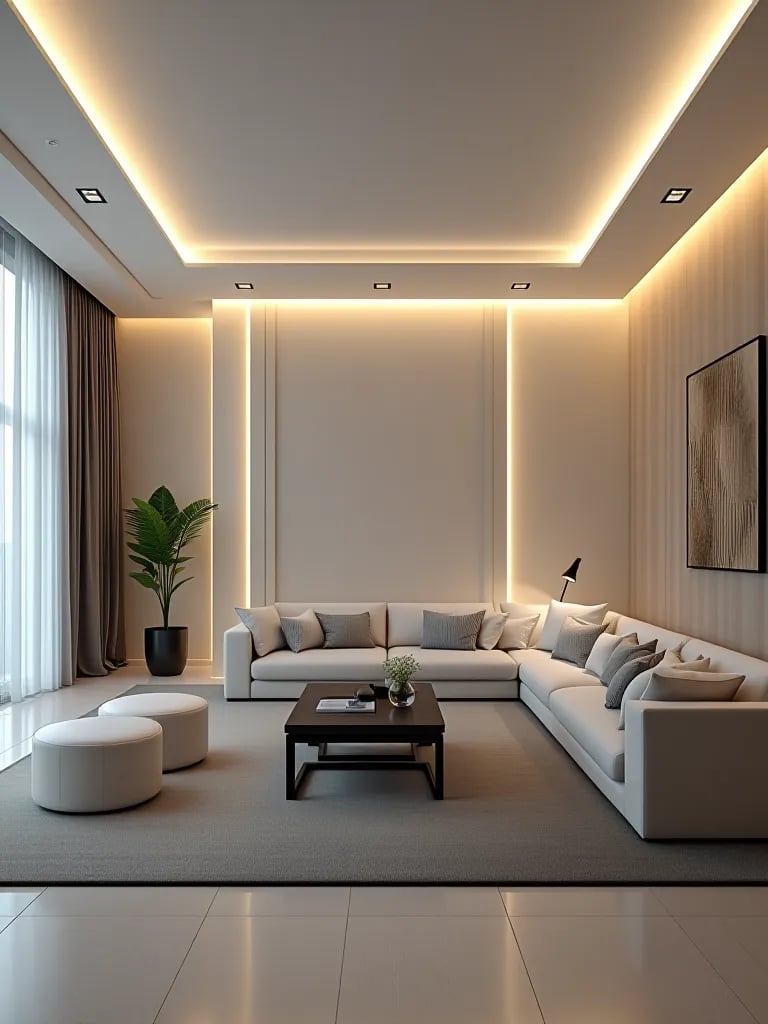 Minimalist living room with perimeter LED lighting and designer furniture