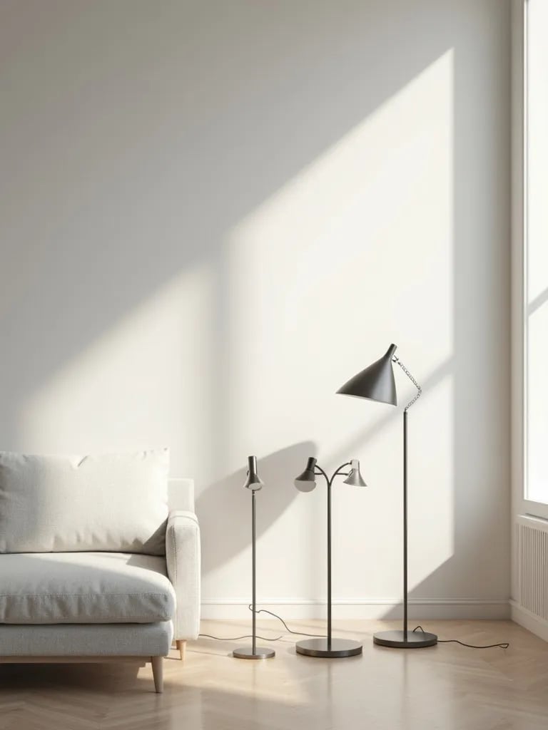Minimalist living room with sculptural metallic table lamps casting dramatic shadows