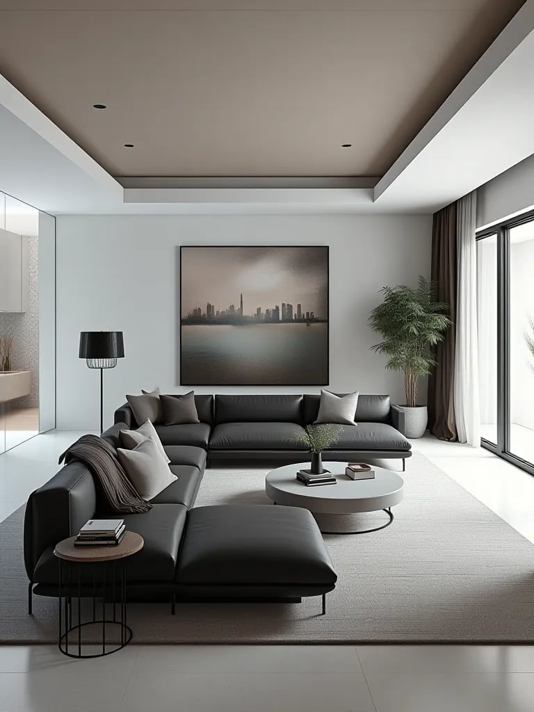 Minimalist luxury living room with leather sectional and oversized art