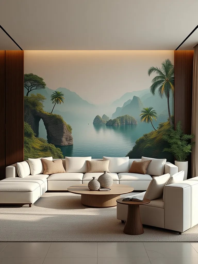 Minimalist luxury room featuring wall sized nature mural and soft lighting