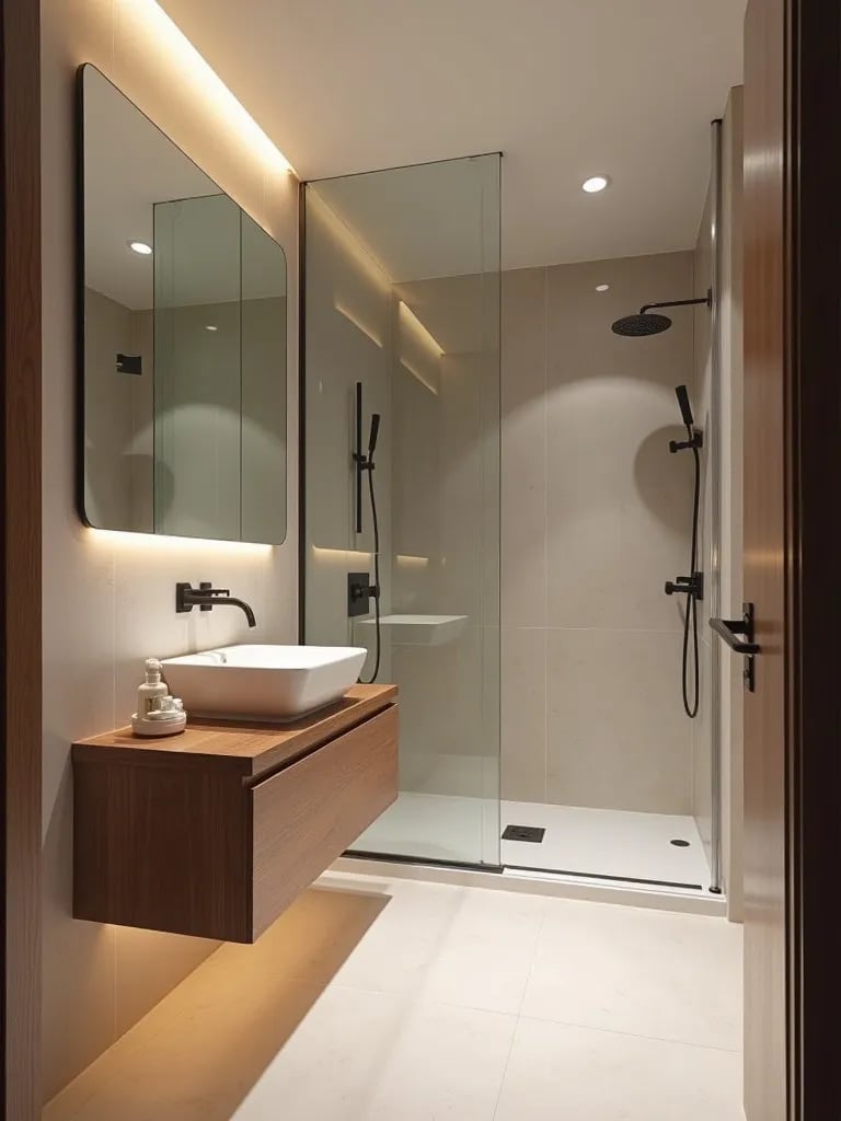 Minimalist modern bathroom with floating vanity and glass shower