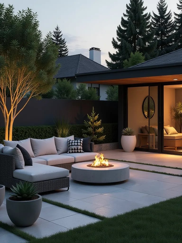 Minimalist outdoor living area with modern furniture and sculptural plants