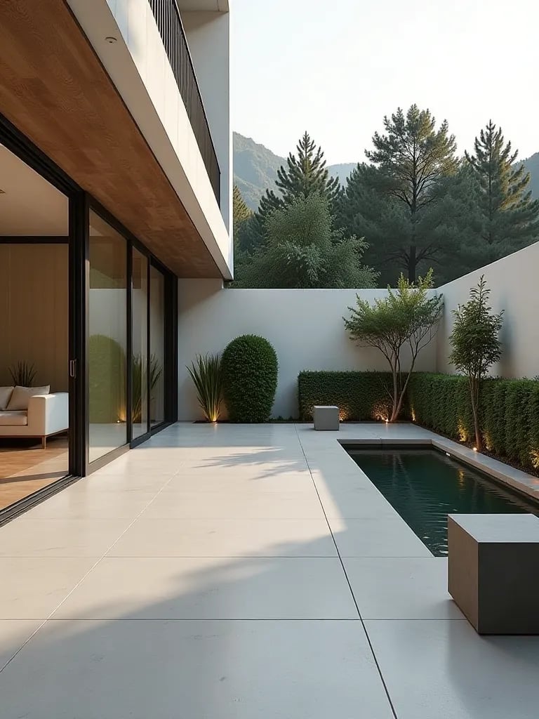 Minimalist patio with large porcelain tiles, modern water feature, and geometric planters